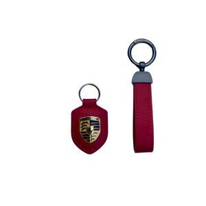 PORSCHE STUTTGART HOTROD Burgundy Red Suede Leather Crest KeyRing Key Chain